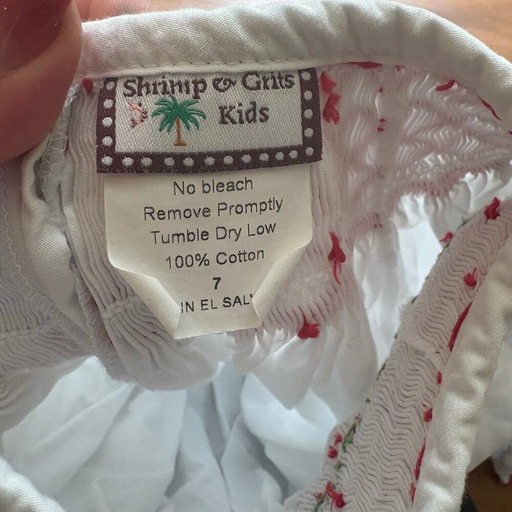 Shrimp & Grits Kids white cotton red smocked long sleeve‎ shirt SIZE 7 - Picture 5 of 6